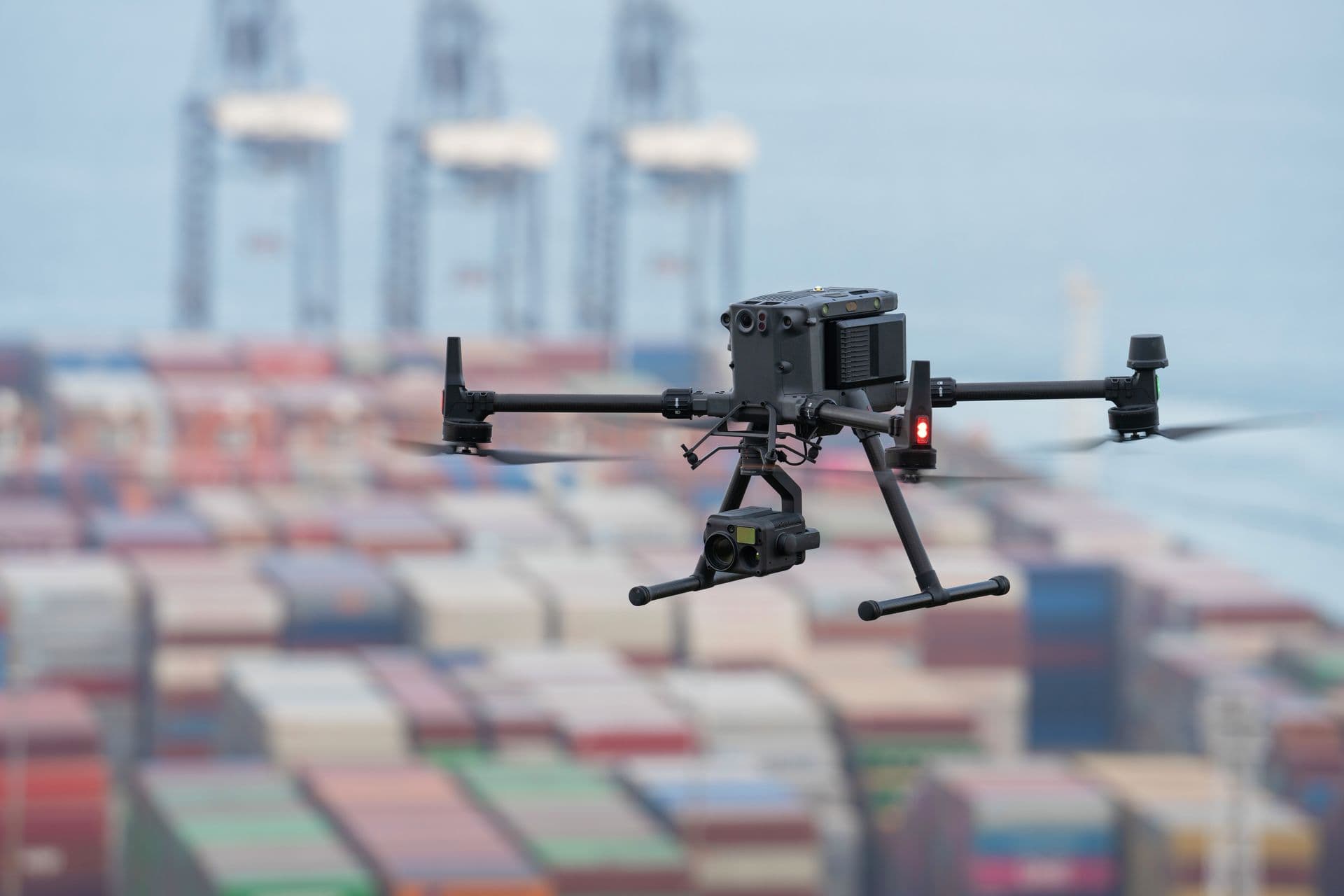 Drone flying over a container port